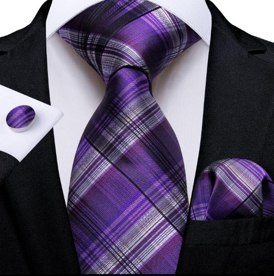 Purple Checkered Tie, Pocket Square and Cufflinks