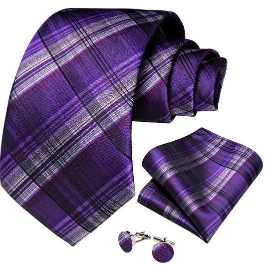 Purple Checkered Tie, Pocket Square and Cufflinks