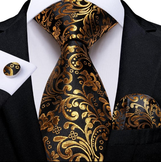 Luxury Gold Floral Tie Set in Black