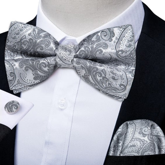 Silver Floral Paisley Bow Tie Set