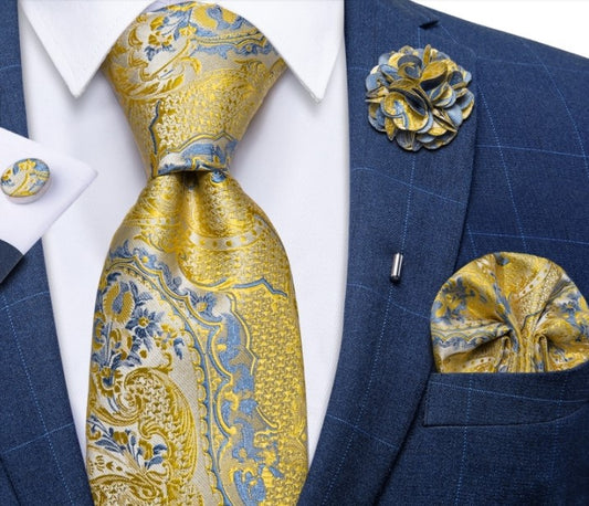 Yellow Dragon Paisley Tie, Pocket Square Tie Set