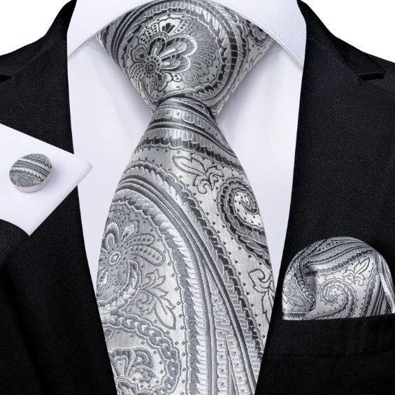 Silver Floral Paisley Tie. Pocket Square and Cufflinks