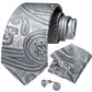 Silver Floral Paisley Tie. Pocket Square and Cufflinks