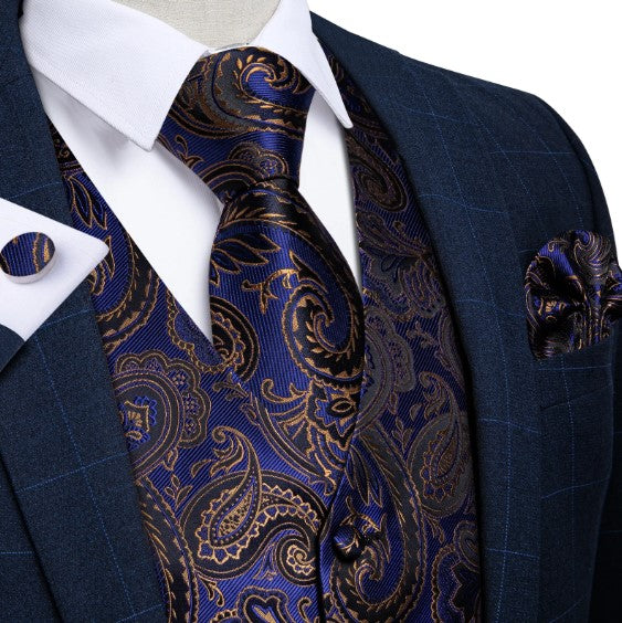 Royal Blue Gold Paisley Vest Set