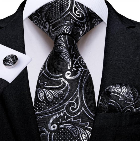 White Leaves Paisley Tie Set In Black