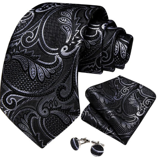 White Leaves Paisley Tie Set In Black