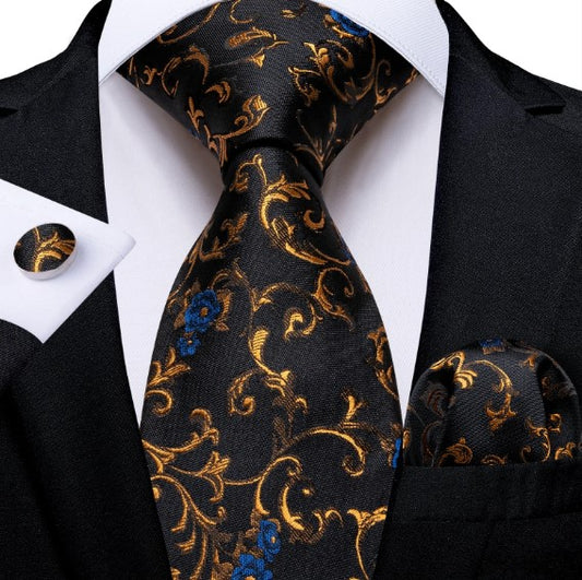 Blue Flowers tie Set In Gold Leaves