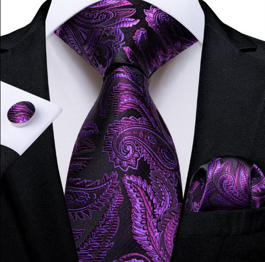 Pink and Purple Leaves Tie, Pocket Square and Cufflinks