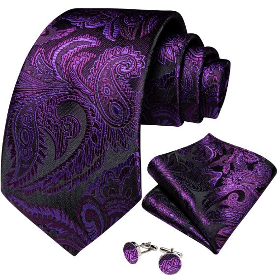 Pink and Purple Leaves Tie, Pocket Square and Cufflinks