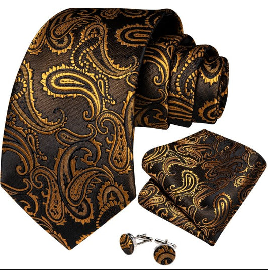 Golden Brown Petals Paisley Tie Set