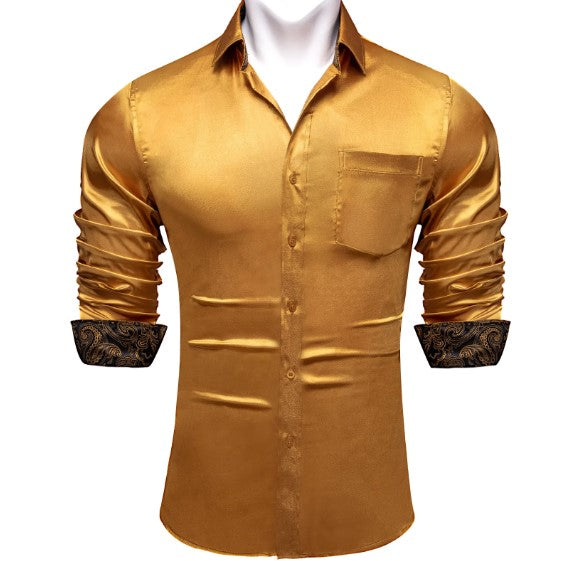 Gold Floral Plain Silk Shirt