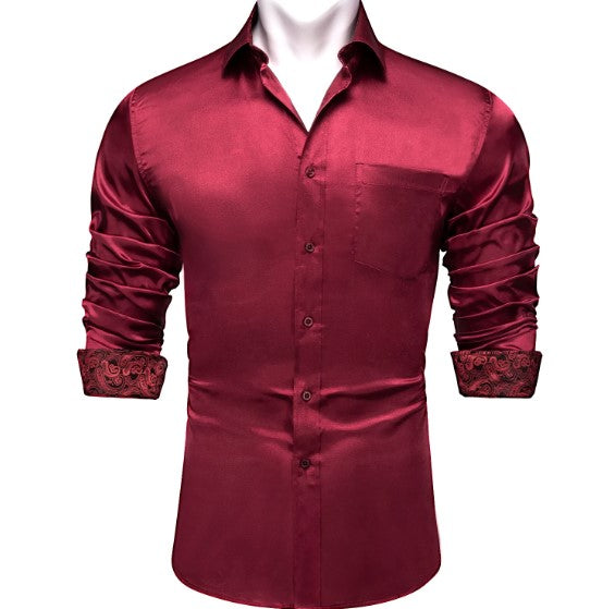 Burgundy Floral Plain Silk Shirt