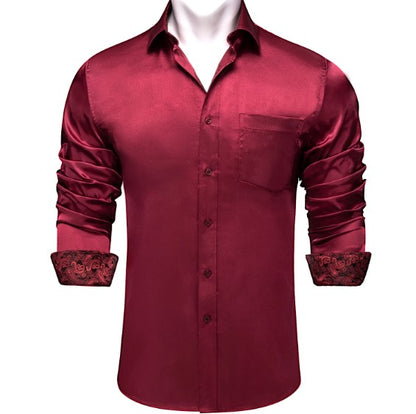 Burgundy Floral Plain Silk Shirt