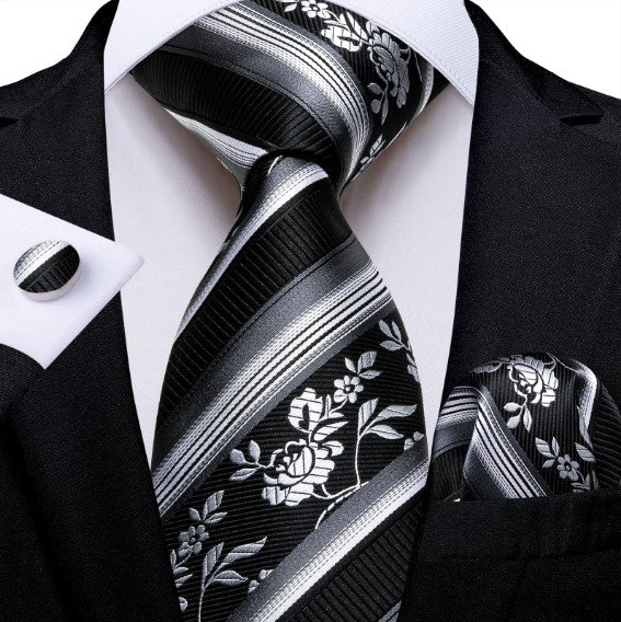 White Roses Striped Tie Set in Black