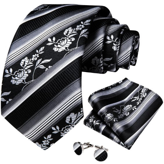 White Roses Striped Tie Set in Black