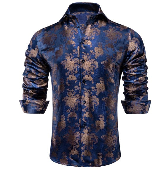 Golden Brown Floral In Blue Silk Shirt