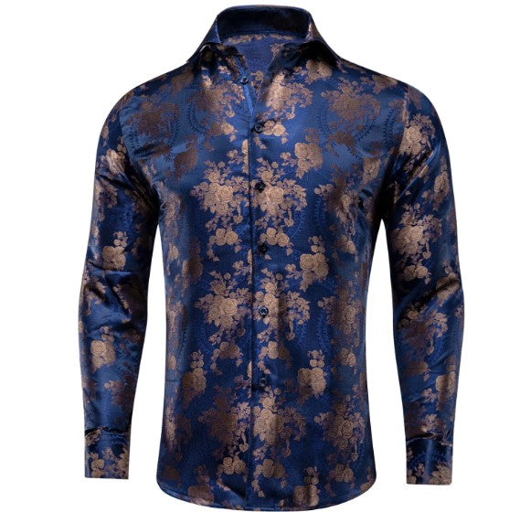 Golden Brown Floral In Blue Silk Shirt