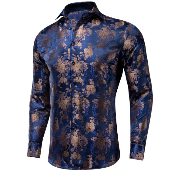 Golden Brown Floral In Blue Silk Shirt