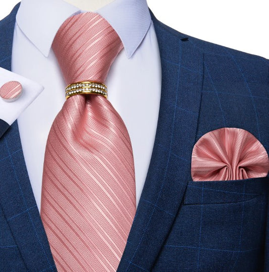 Pink Lines Tie Ring, Pocket Square and Cufflinks