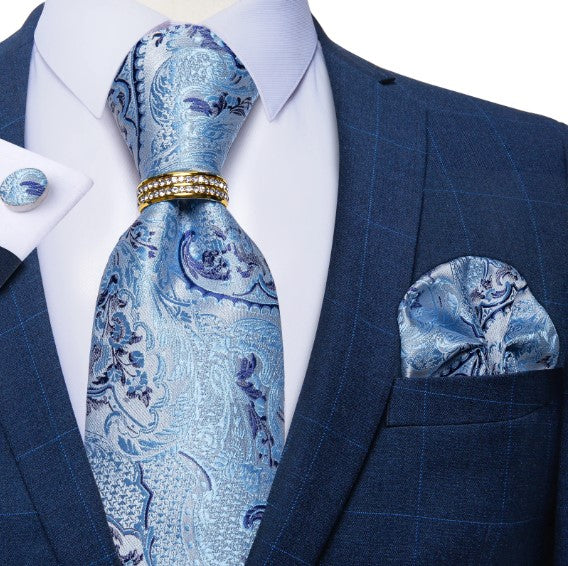 Light Blue Tie Ring, Pocket Square and Cufflinks