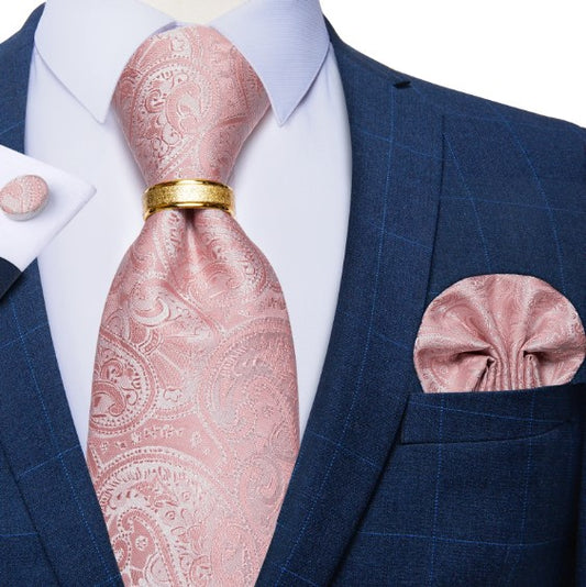 Peach Floral Tie Ring, Pocket Square and Cufflinks