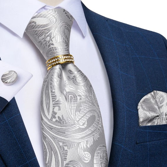 Silver Petal Silk Tie Ring, Pocket Square and Cufflinks