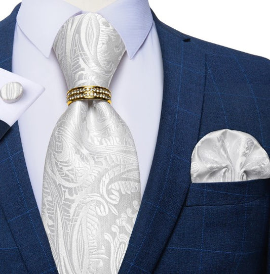 White Wedding Tie Ring, Pocket Square and Cufflinks