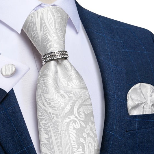 White Wedding Tie Ring, Pocket Square and Cufflinks