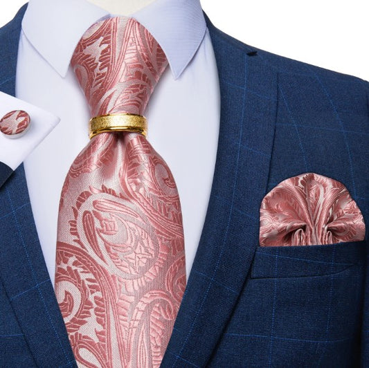 Pink Petals Silk Tie Ring, Pocket Square and Cufflinks