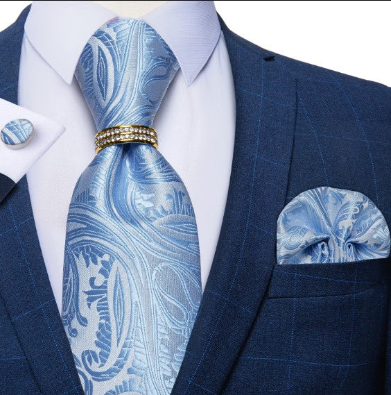 Blue Petals Silk Tie Ring, Pocket Square and Cufflinks