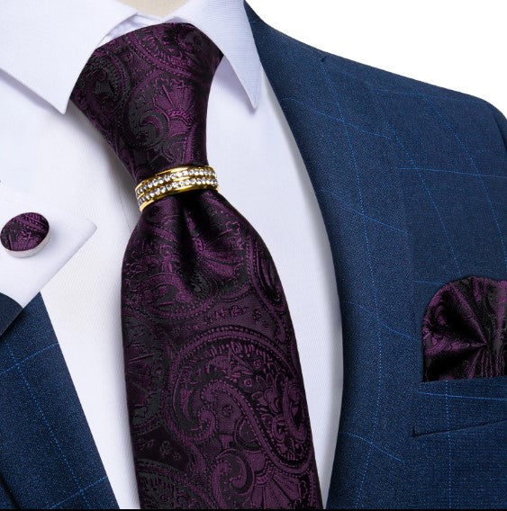 Wine Floral Tie Ring, Pocket Square and Cufflinks