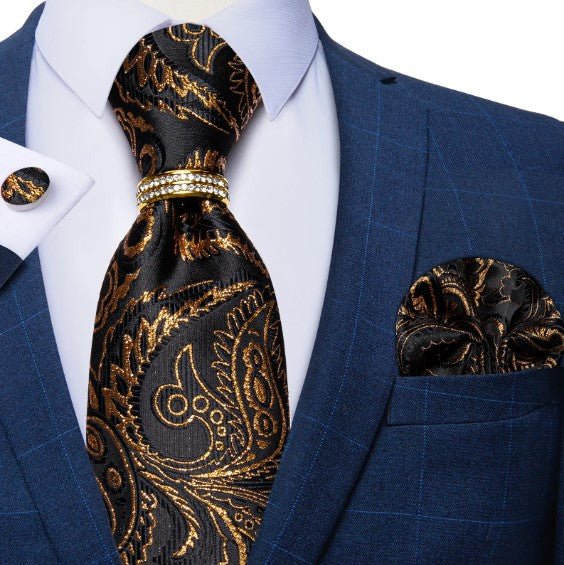 Black and Gold Leaves Tie Ring, Pocket Square and Cufflinks