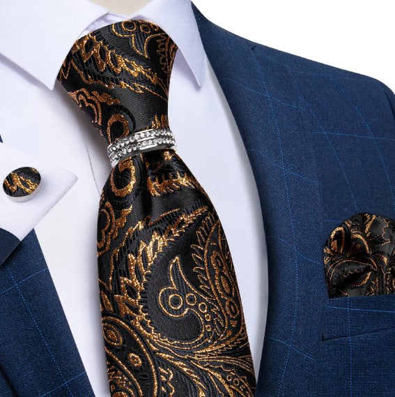 Black and Gold Leaves Tie Ring, Pocket Square and Cufflinks