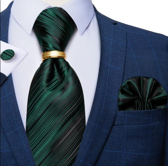 Green Lines Tie Ring, Pocket Square and Cufflinks