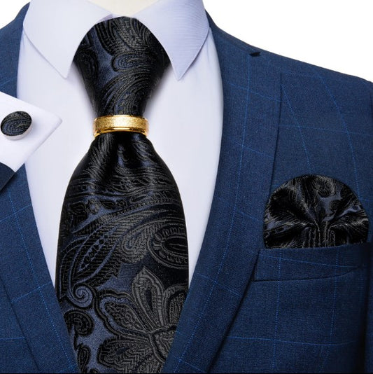 Midnight Blue and Black Floral Tie Ring, Pocket Square and Cufflinks