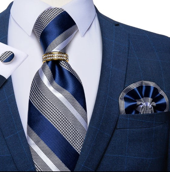 Blue Stripe Tie Ring, Pocket Square and Cufflinks