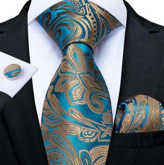 Aquamarine Floral Silk Tie Set