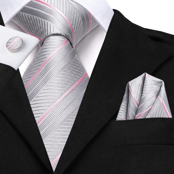 Pink and Silver Lines Tie Set