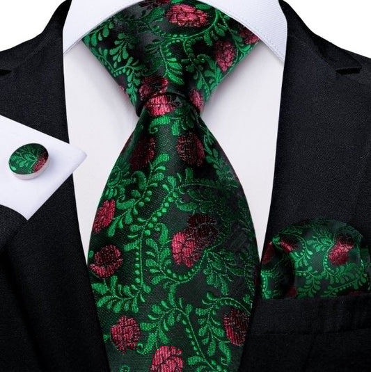 Red Flowers Tie Set In Green