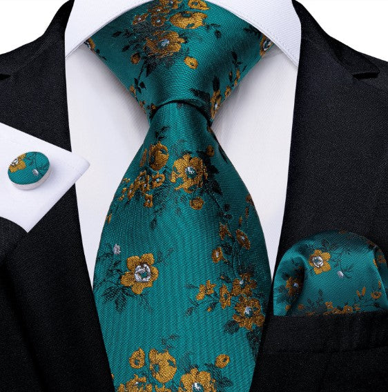 Mustard Flowers Tie Set In Green