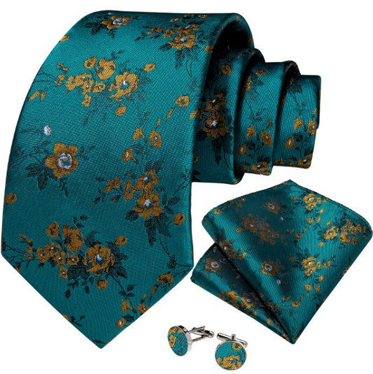 Mustard Flowers Tie Set In Green