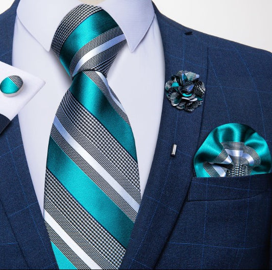 Teal and White Silk Striped Tie Set