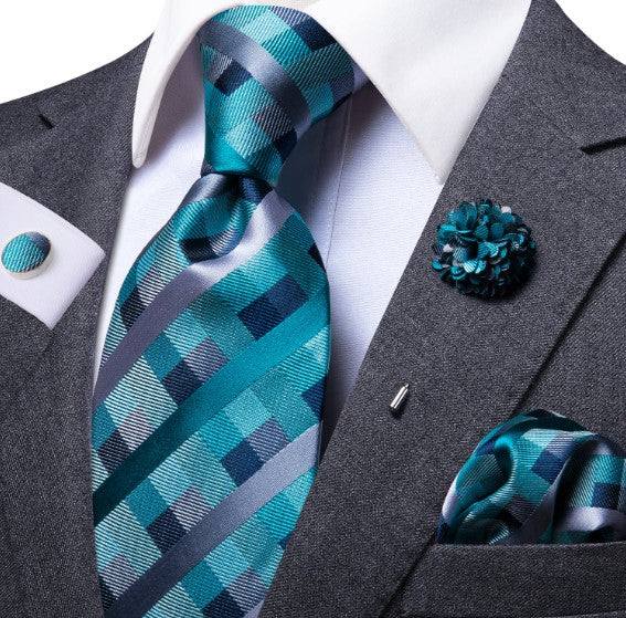 Teal and Gray Checkered Tie Set