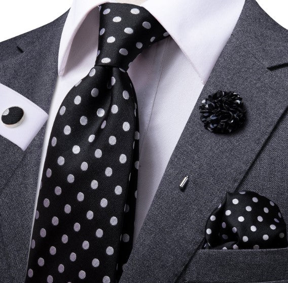 White Polka Dots In Black Silk XL Tie Set