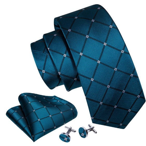 White Flowers In Blue Square Tie Set