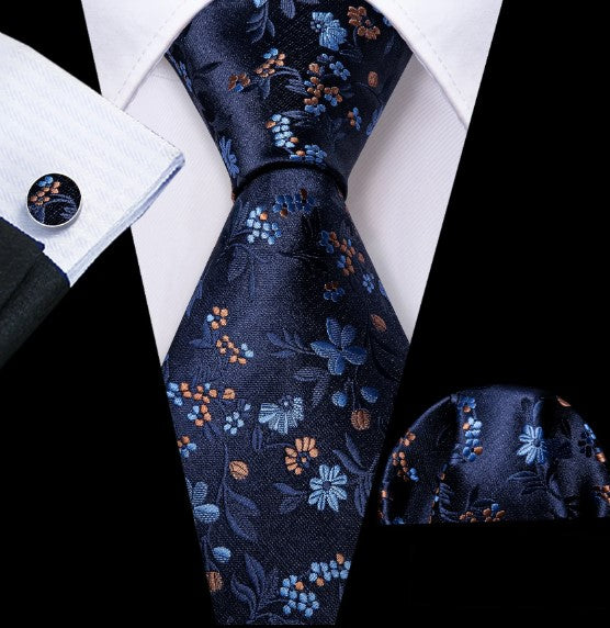 Peach and Blue Floral Silk Tie Set