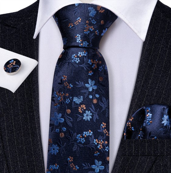 Peach and Blue Floral Silk Tie Set