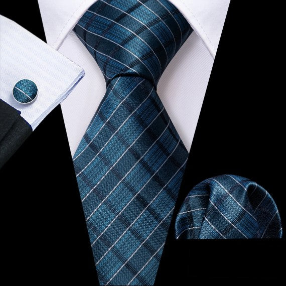 Blue Plaid Silk Tie, Pocket Square and Cufflinks