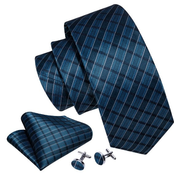 Blue Plaid Silk Tie, Pocket Square and Cufflinks