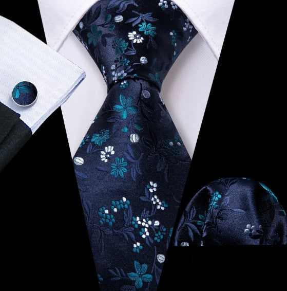 White and Green Floral Silk Tie Set